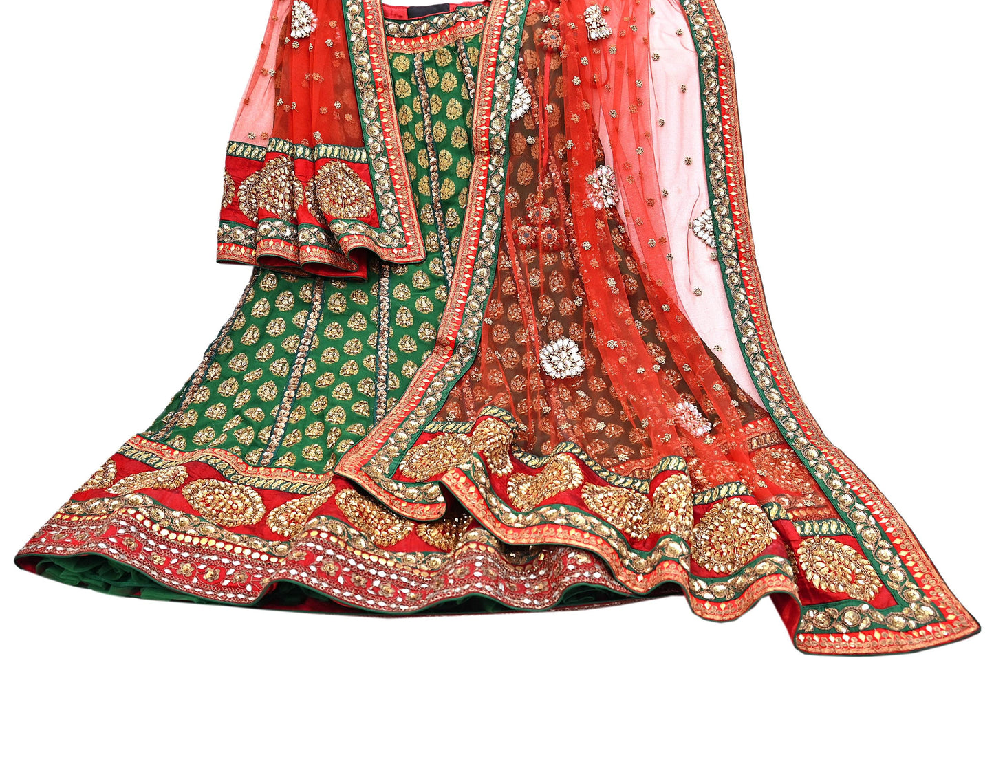 Indian Heavy Red & Green Pure Georgette Silk/Net Hand Embroidered Lehenga 2pcs Set By Designer Sabyasachi Bridal Wear