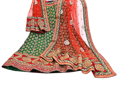 Indian Heavy Red & Green Pure Georgette Silk/Net Hand Embroidered Lehenga 2pcs Set By Designer Sabyasachi Bridal Wear
