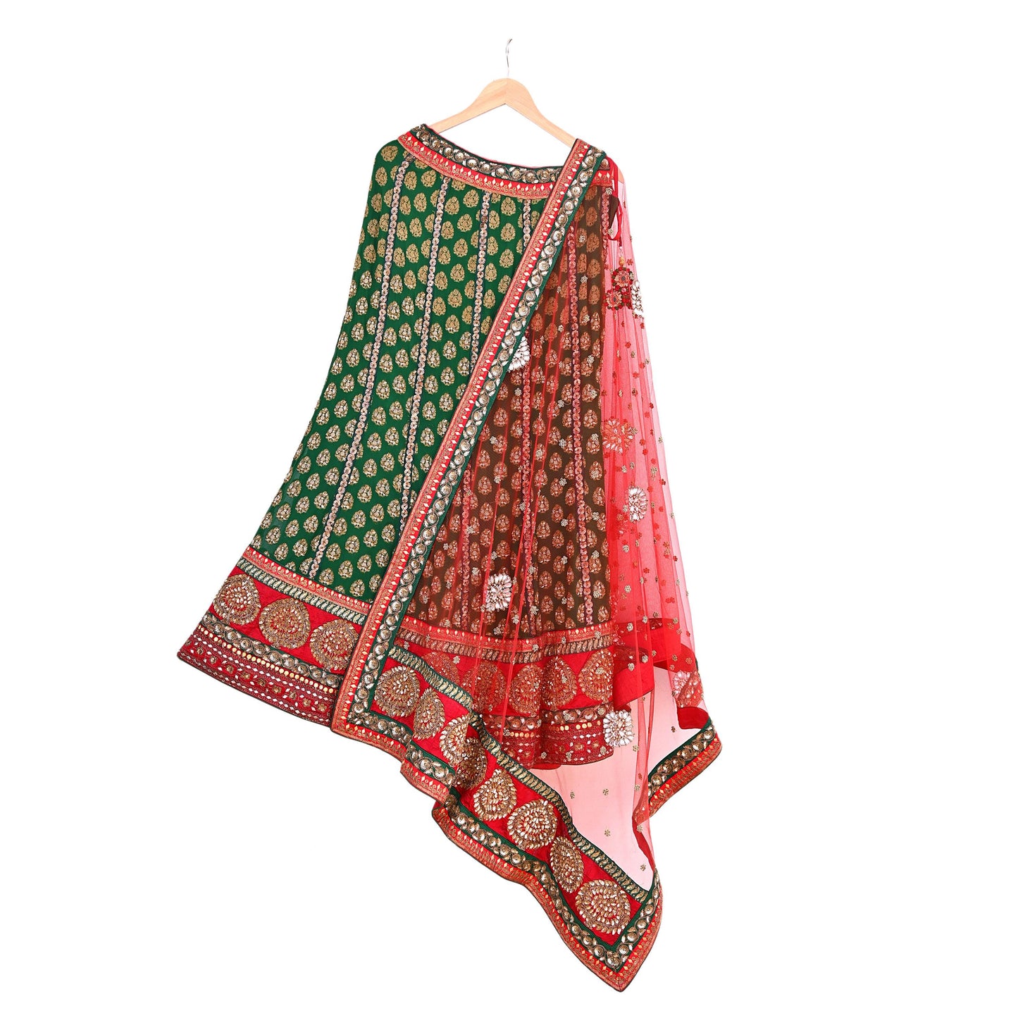 Indian Heavy Red & Green Pure Georgette Silk/Net Hand Embroidered Lehenga 2pcs Set By Designer Sabyasachi Bridal Wear