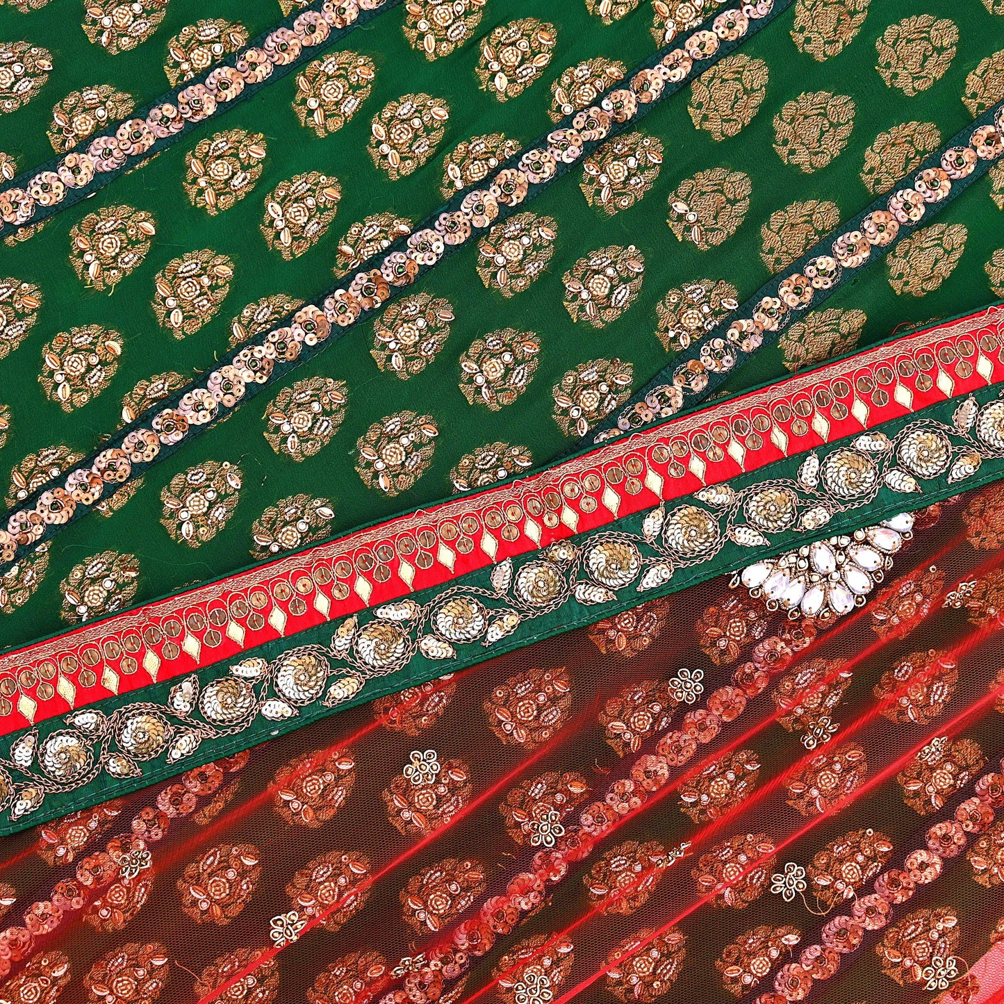 Indian Heavy Red & Green Pure Georgette Silk/Net Hand Embroidered Lehenga 2pcs Set By Designer Sabyasachi Bridal Wear