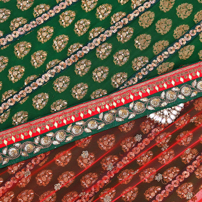 Indian Heavy Red & Green Pure Georgette Silk/Net Hand Embroidered Lehenga 2pcs Set By Designer Sabyasachi Bridal Wear