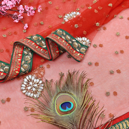 Indian Heavy Wedding Dupatta Red Net Long Stole Hand Embroidered By Designer Sabyasachi Scarves Zardozi Bridal Veil