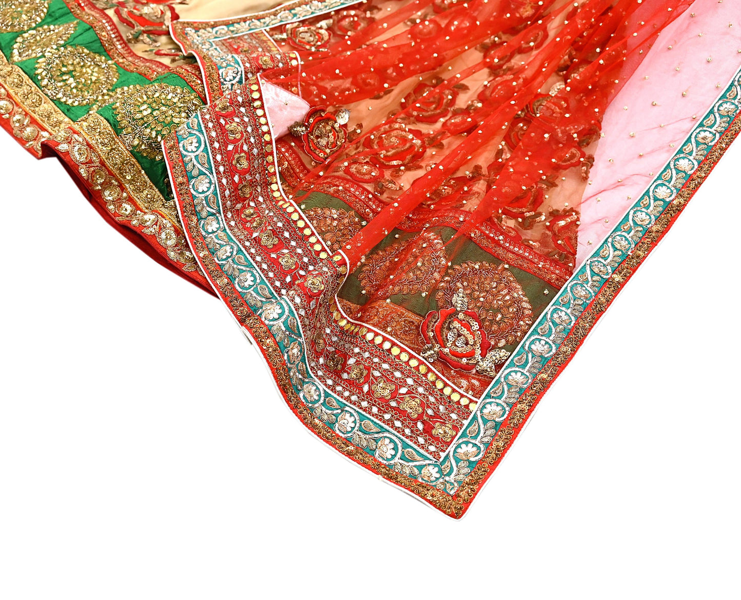 Indian Heavy Red & Beige Mesh/Net Hand Embroidered Lehenga 2pcs Set By Designer Sabyasachi Bridal Wear