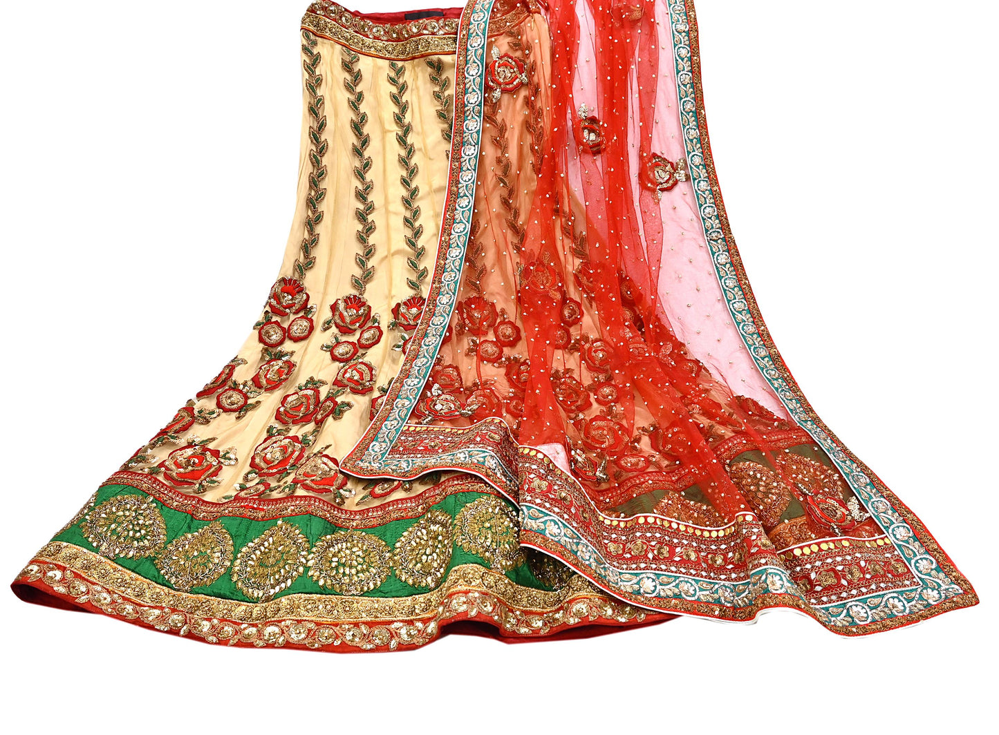 Indian Heavy Red & Beige Mesh/Net Hand Embroidered Lehenga 2pcs Set By Designer Sabyasachi Bridal Wear