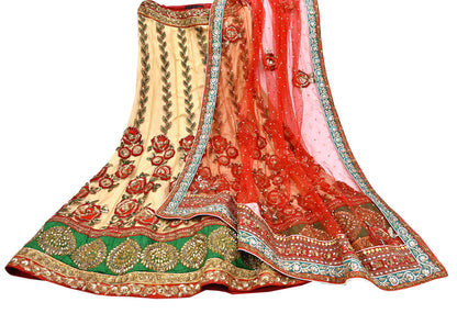 Indian Heavy Red & Beige Mesh/Net Hand Embroidered Lehenga 2pcs Set By Designer Sabyasachi Bridal Wear