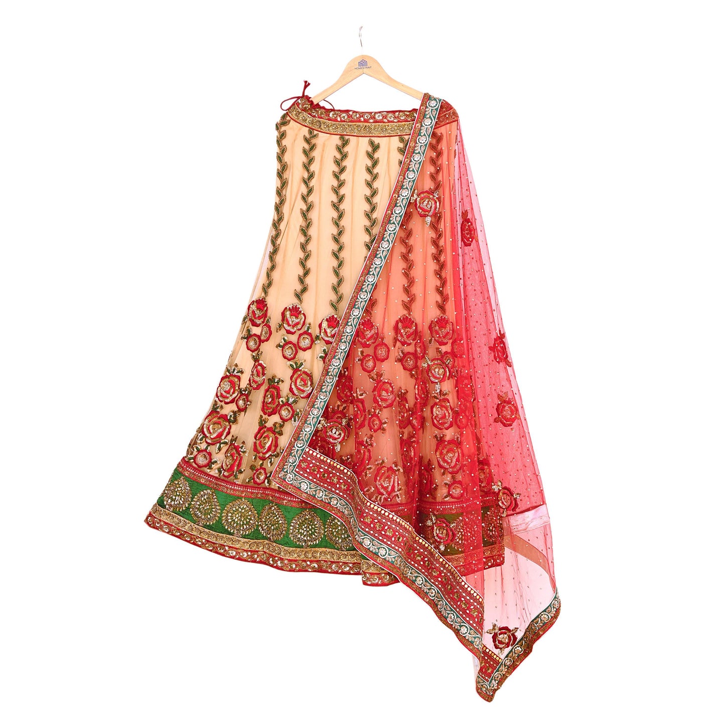 Indian Heavy Red & Beige Mesh/Net Hand Embroidered Lehenga 2pcs Set By Designer Sabyasachi Bridal Wear