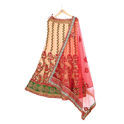 Indian Heavy Red & Beige Mesh/Net Hand Embroidered Lehenga 2pcs Set By Designer Sabyasachi Bridal Wear