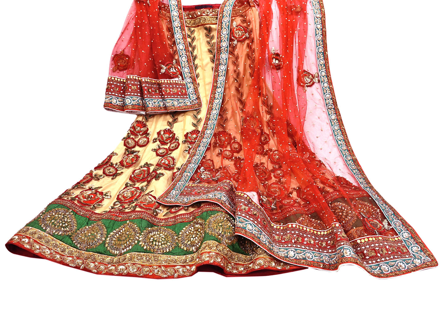 Indian Heavy Red & Beige Mesh/Net Hand Embroidered Lehenga 2pcs Set By Designer Sabyasachi Bridal Wear