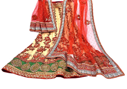 Indian Heavy Red & Beige Mesh/Net Hand Embroidered Lehenga 2pcs Set By Designer Sabyasachi Bridal Wear
