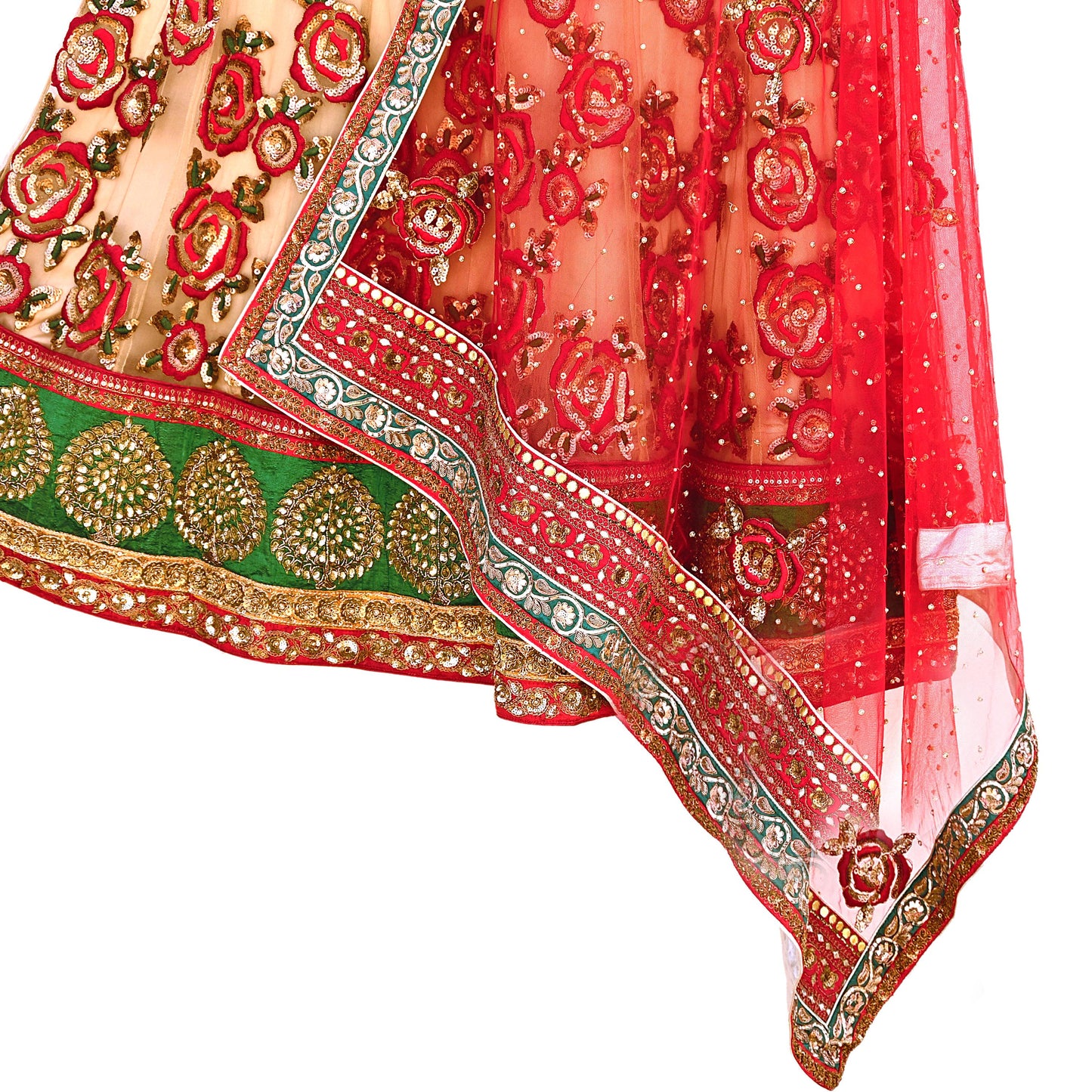 Indian Heavy Red & Beige Mesh/Net Hand Embroidered Lehenga 2pcs Set By Designer Sabyasachi Bridal Wear