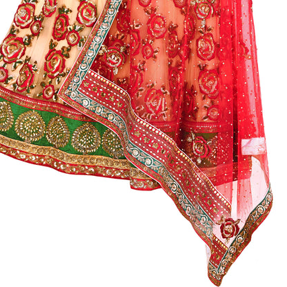 Indian Heavy Red & Beige Mesh/Net Hand Embroidered Lehenga 2pcs Set By Designer Sabyasachi Bridal Wear