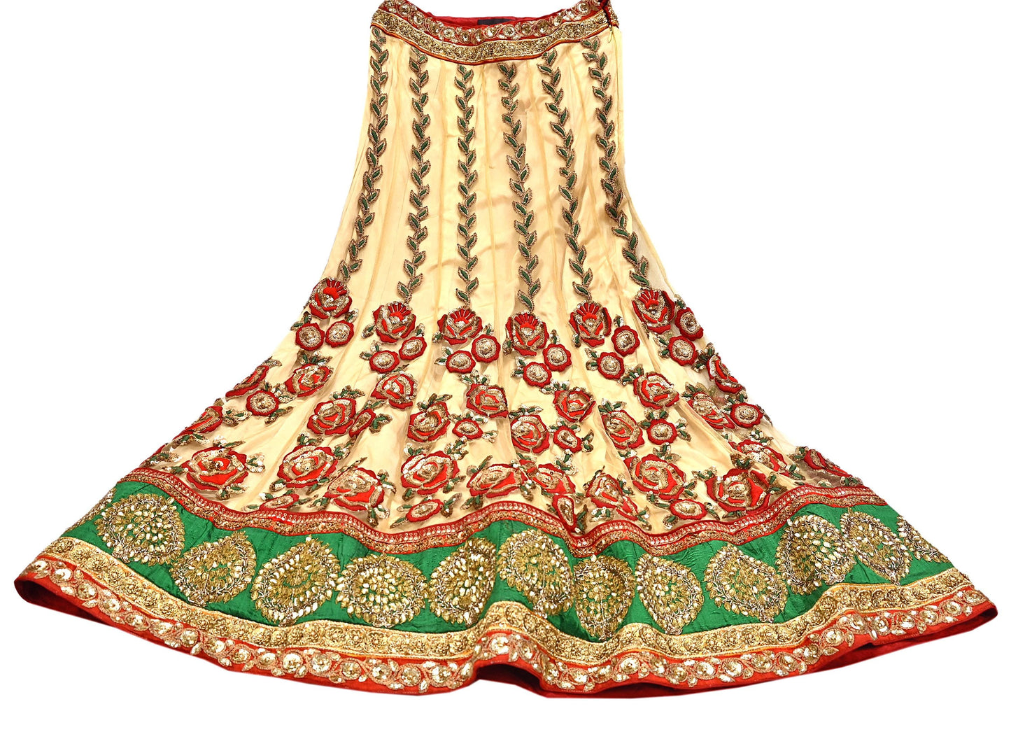 Indian Heavy Red & Beige Mesh/Net Hand Embroidered Lehenga 2pcs Set By Designer Sabyasachi Bridal Wear