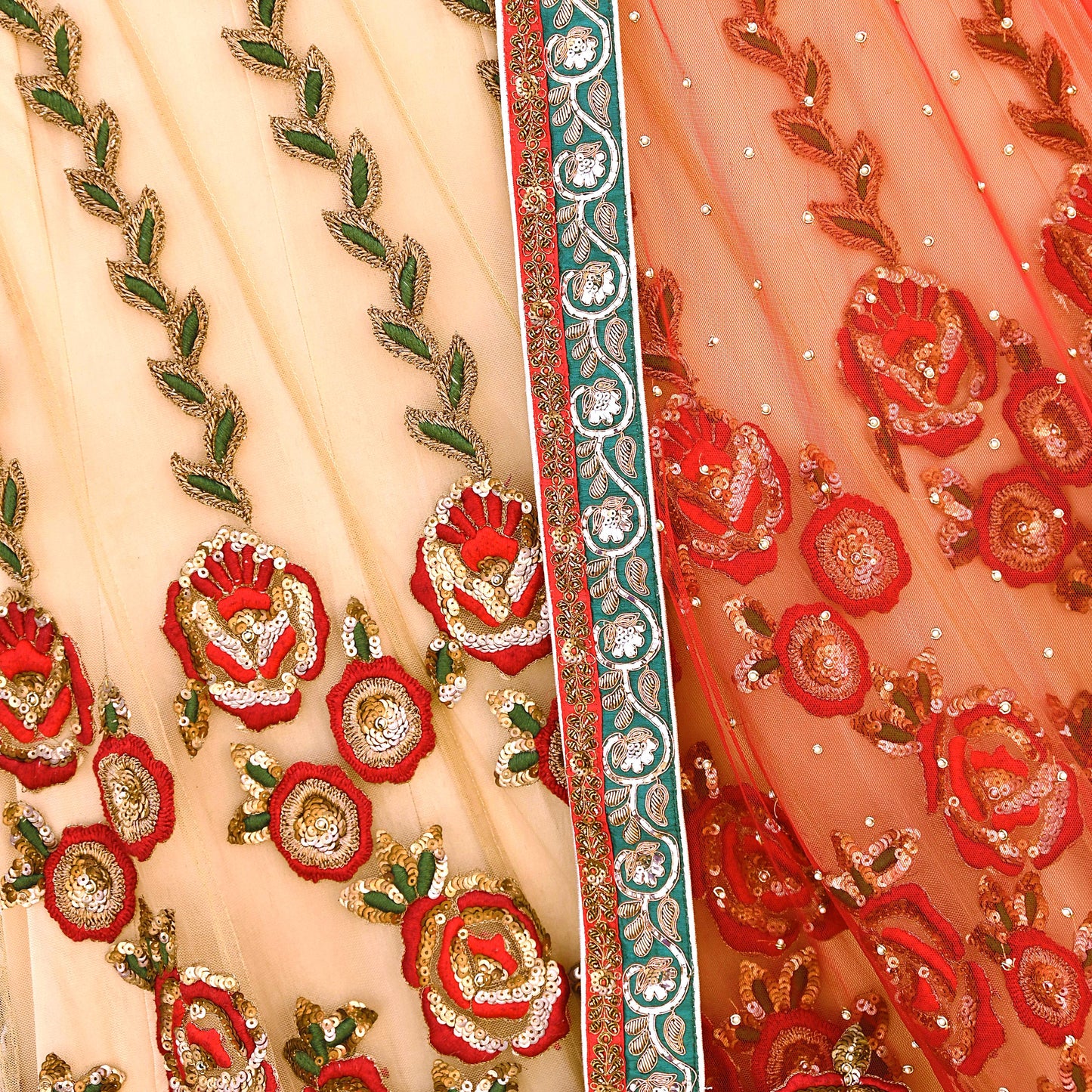 Indian Heavy Red & Beige Mesh/Net Hand Embroidered Lehenga 2pcs Set By Designer Sabyasachi Bridal Wear
