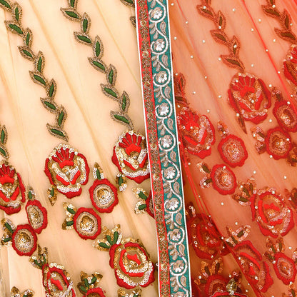 Indian Heavy Red & Beige Mesh/Net Hand Embroidered Lehenga 2pcs Set By Designer Sabyasachi Bridal Wear