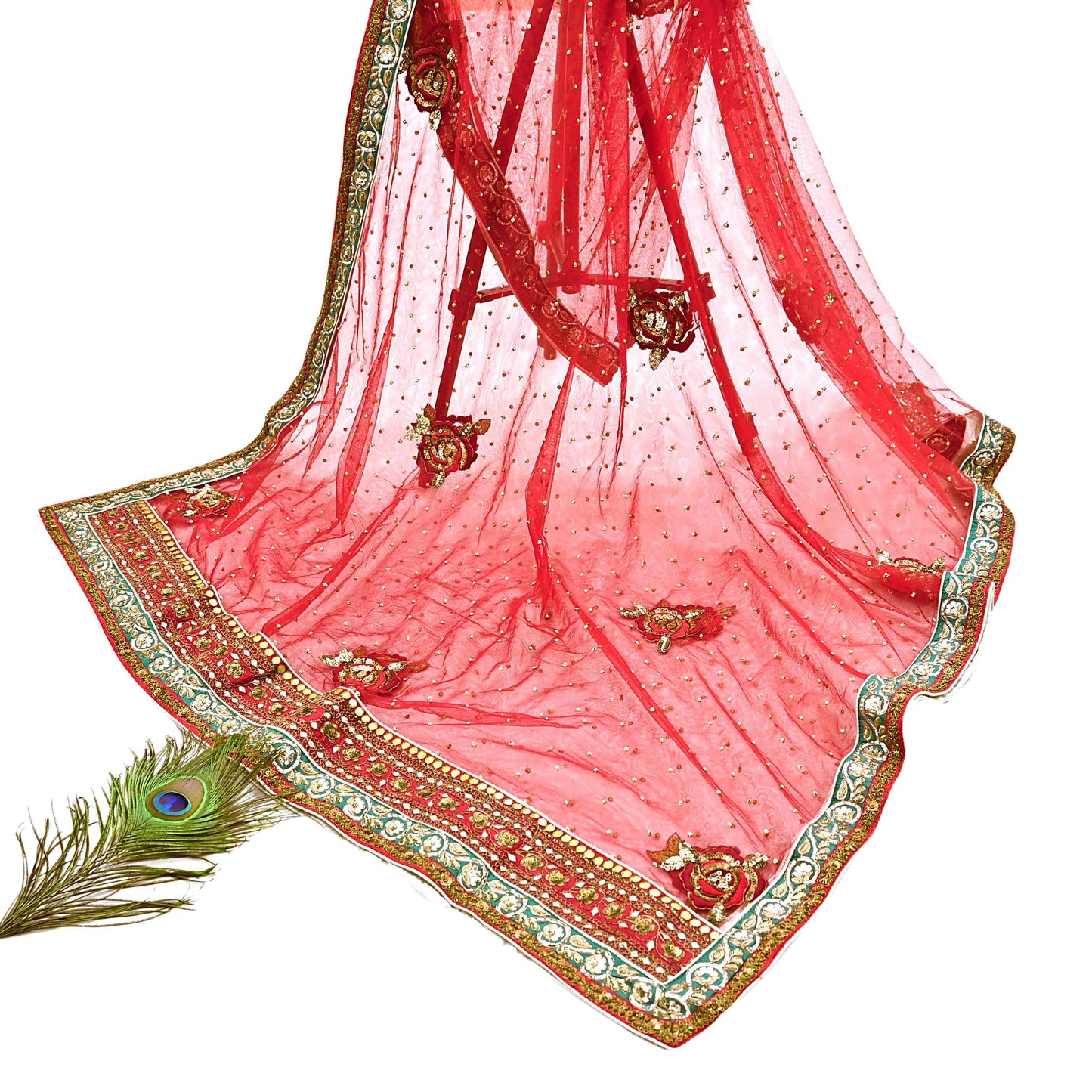 Indian Heavy Wedding Dupatta Red Net Long Stole Hand Embroidered By Designer Sabyasachi Scarves Zardozi Bridal Veil