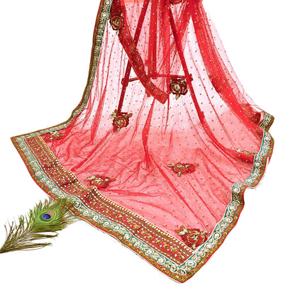 Indian Heavy Wedding Dupatta Red Net Long Stole Hand Embroidered By Designer Sabyasachi Scarves Zardozi Bridal Veil