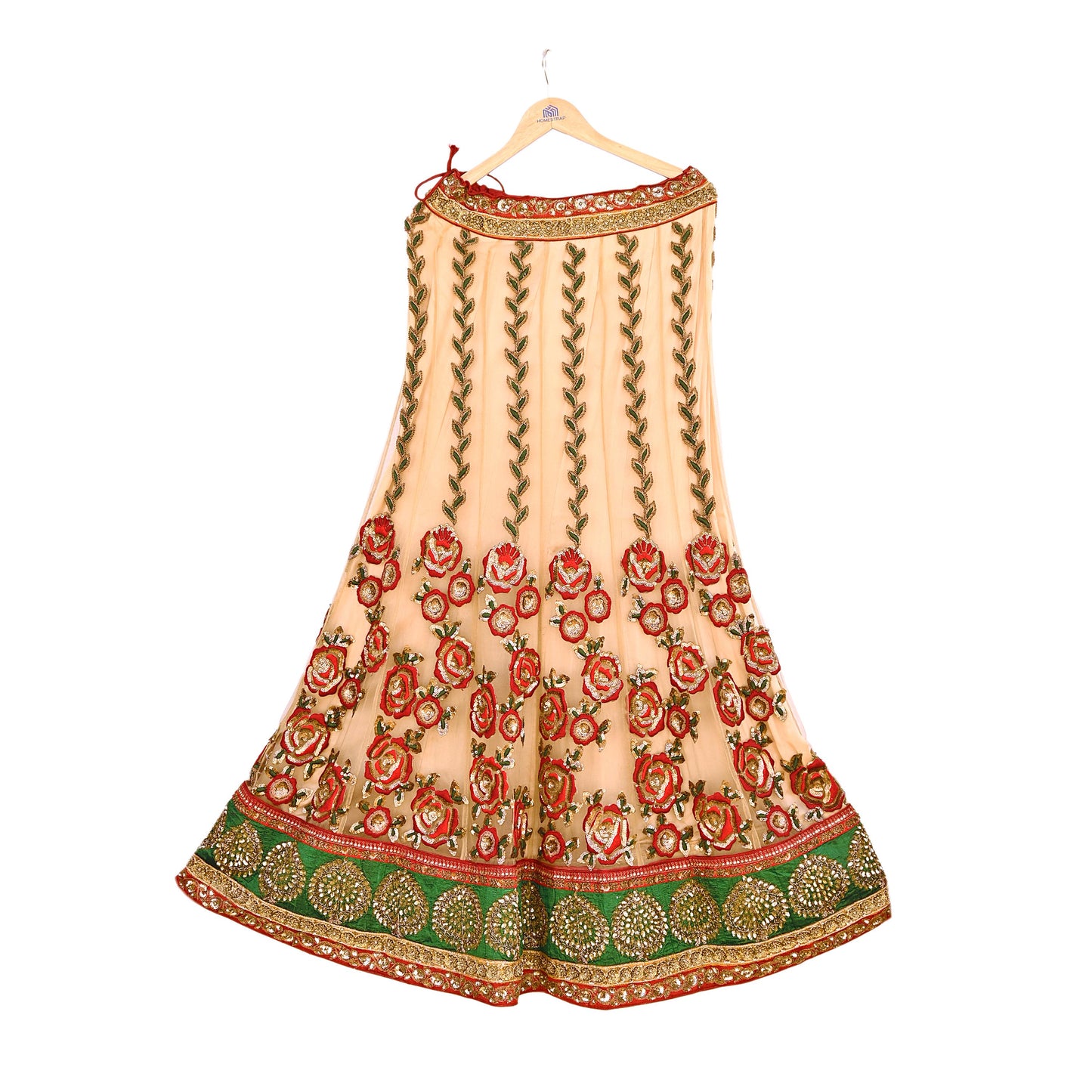 Indian Vintage Heavy Beige Net/Mesh Hand Embroidered Lehenga Skirt By Designer Sabyasachi Bridal Wear Dabka/ Zardozi