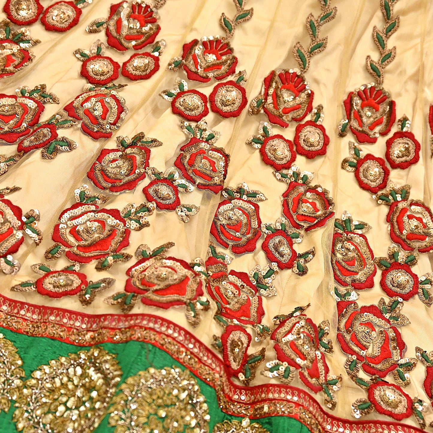 Indian Vintage Heavy Beige Net/Mesh Hand Embroidered Lehenga Skirt By Designer Sabyasachi Bridal Wear Dabka/ Zardozi