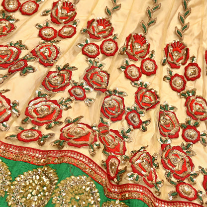 Indian Vintage Heavy Beige Net/Mesh Hand Embroidered Lehenga Skirt By Designer Sabyasachi Bridal Wear Dabka/ Zardozi