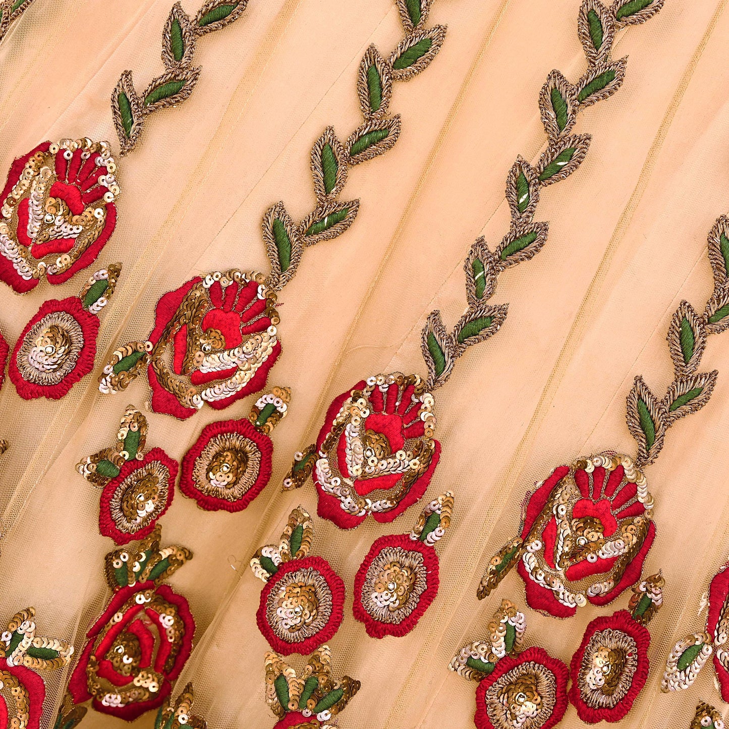 Indian Vintage Heavy Beige Net/Mesh Hand Embroidered Lehenga Skirt By Designer Sabyasachi Bridal Wear Dabka/ Zardozi