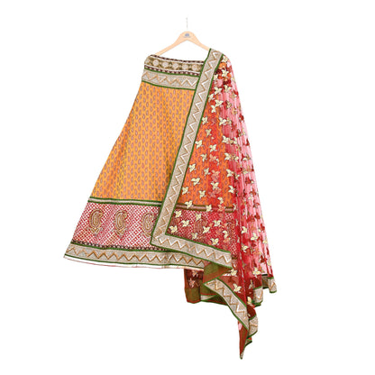 Vintage Anamika Khanna saffron & red Satin Silk Net Hand Embroidered Lehenga Dupatta 2pc Set Zardozi Bridal Wear Indian party wear Outfit