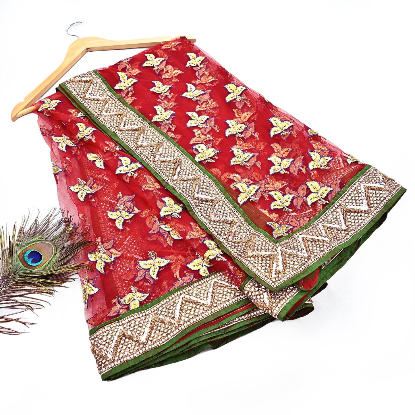 Vintage Anamika Khanna saffron & red Satin Silk Net Hand Embroidered Lehenga Dupatta 2pc Set Zardozi Bridal Wear Indian party wear Outfit
