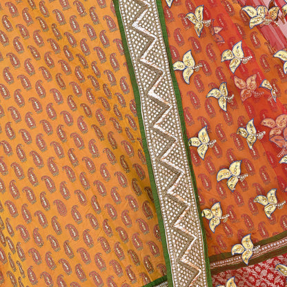 Vintage Anamika Khanna saffron & red Satin Silk Net Hand Embroidered Lehenga Dupatta 2pc Set Zardozi Bridal Wear Indian party wear Outfit