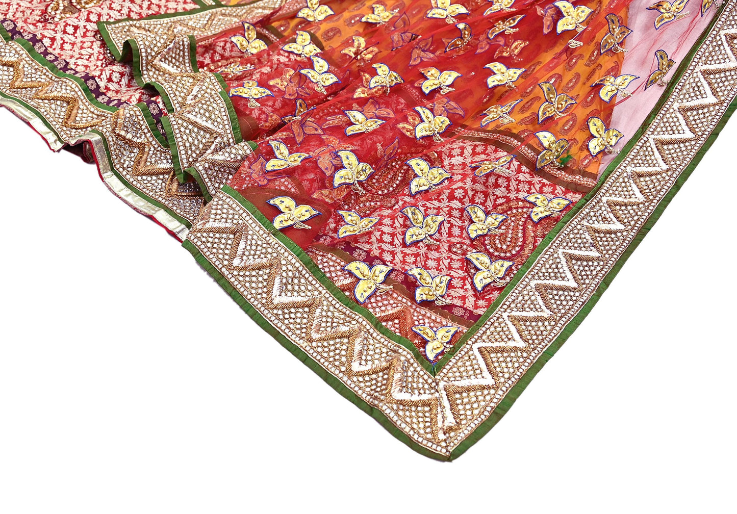 Vintage Anamika Khanna saffron & red Satin Silk Net Hand Embroidered Lehenga Dupatta 2pc Set Zardozi Bridal Wear Indian party wear Outfit