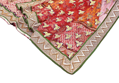 Vintage Anamika Khanna saffron & red Satin Silk Net Hand Embroidered Lehenga Dupatta 2pc Set Zardozi Bridal Wear Indian party wear Outfit