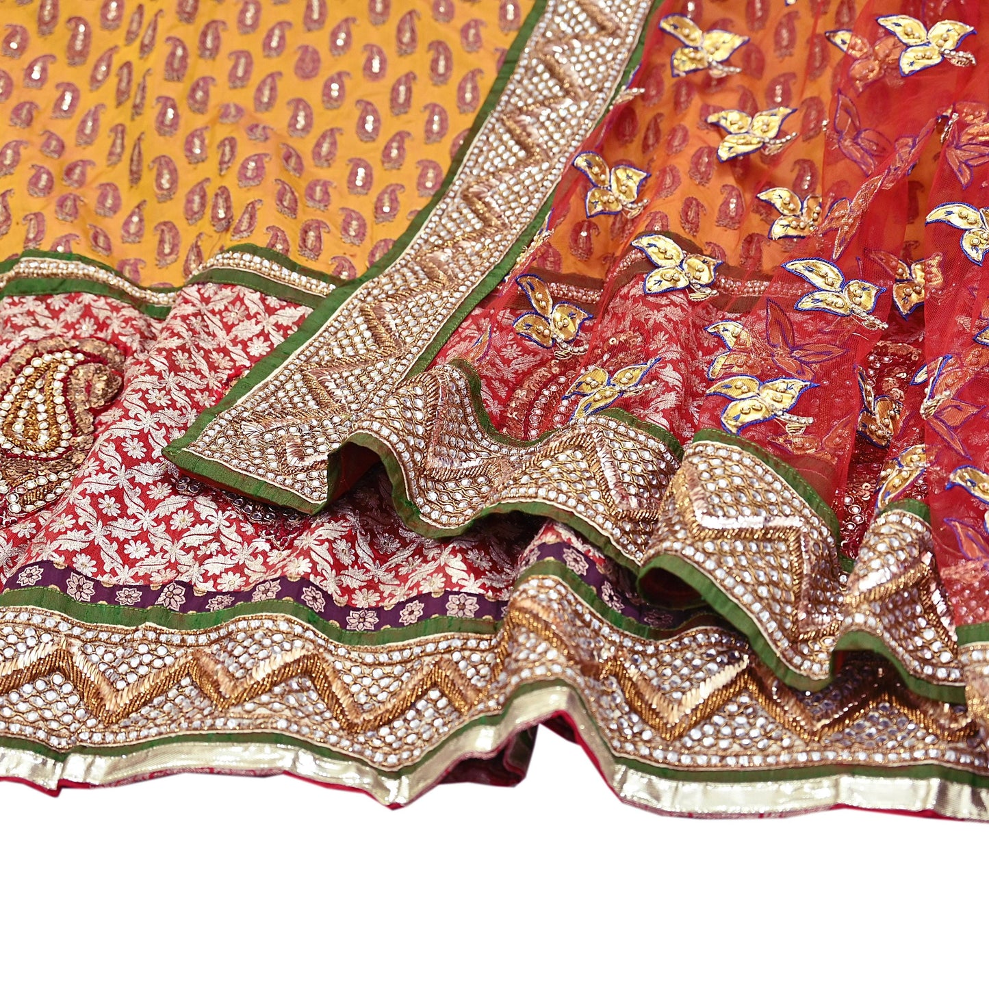 Vintage Anamika Khanna saffron & red Satin Silk Net Hand Embroidered Lehenga Dupatta 2pc Set Zardozi Bridal Wear Indian party wear Outfit