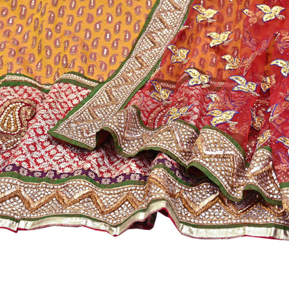 Vintage Anamika Khanna saffron & red Satin Silk Net Hand Embroidered Lehenga Dupatta 2pc Set Zardozi Bridal Wear Indian party wear Outfit