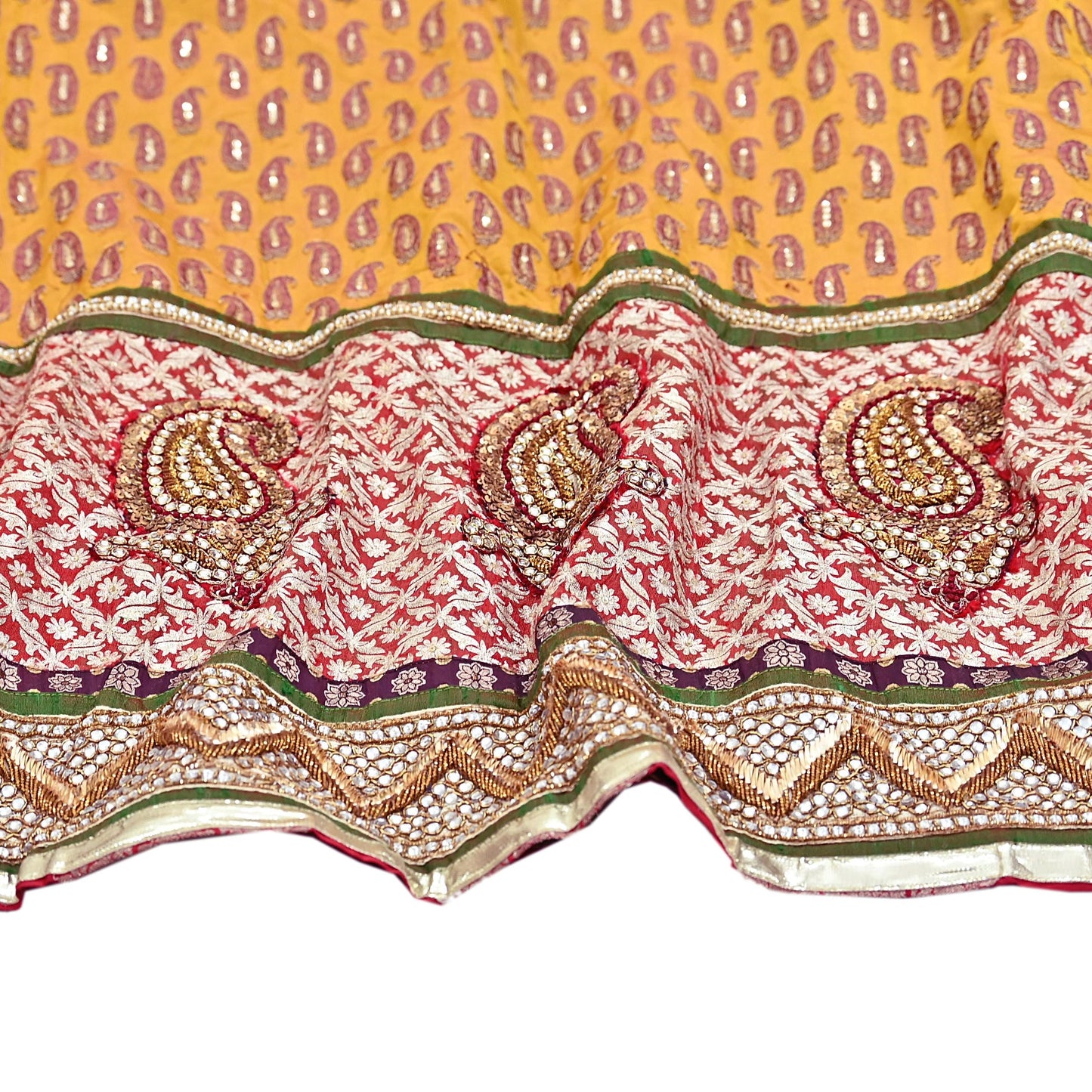 Indian Pre-owned Heavy Wedding Hand Embroidered Designer By Anamika Khanna Lehenga/Skirt Bridal Wear Saffron Pure Satin Silk
