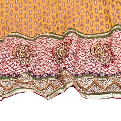 Indian Pre-owned Heavy Wedding Hand Embroidered Designer By Anamika Khanna Lehenga/Skirt Bridal Wear Saffron Pure Satin Silk