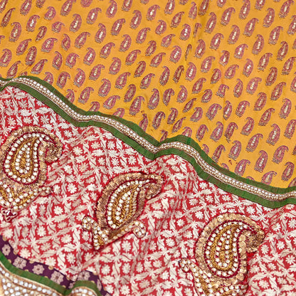 Indian Pre-owned Heavy Wedding Hand Embroidered Designer By Anamika Khanna Lehenga/Skirt Bridal Wear Saffron Pure Satin Silk