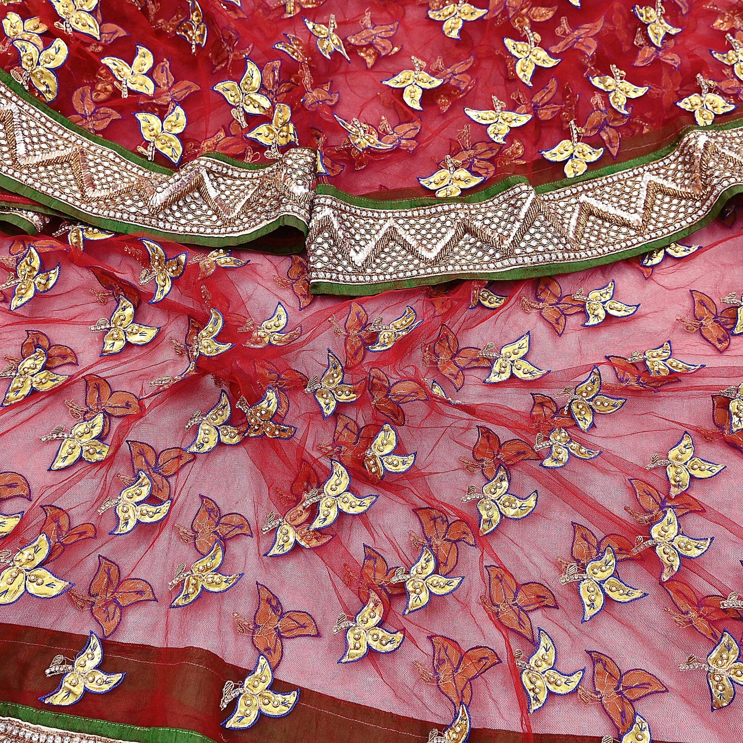 Indian Vintage Heavy Red Net/Mesh/ Velvet Hand Embroidered Dupatta Designer By Anamika Khanna Bridal Wear Dabka Zardozi Veil Hijab