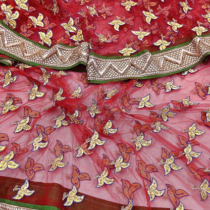 Indian Vintage Heavy Red Net/Mesh/ Velvet Hand Embroidered Dupatta Designer By Anamika Khanna Bridal Wear Dabka Zardozi Veil Hijab