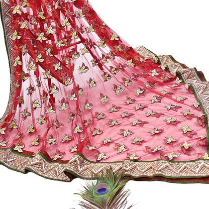 Indian Vintage Heavy Red Net/Mesh/ Velvet Hand Embroidered Dupatta Designer By Anamika Khanna Bridal Wear Dabka Zardozi Veil Hijab