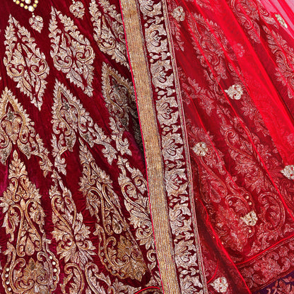 Indian Heavy Wedding Red Net/ velvet Hand Embroidered Lehenga 2pcs Set Designer By Manish Malhotra Party Wear