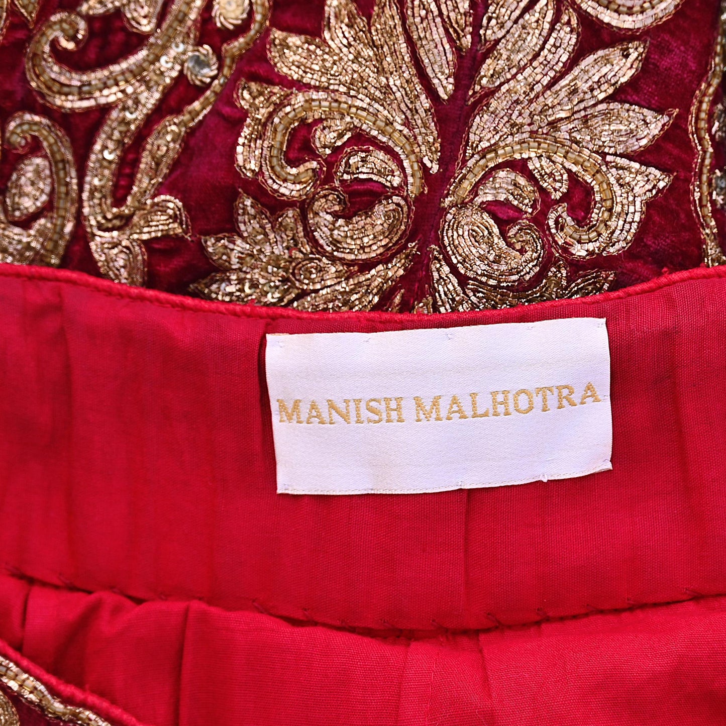 Manish Malhotra Red Velvet Lehenga Skirt Heavy Zardozi Dabka Embroidery Indian Bridal Wear, Designer Couture Wedding Outfit