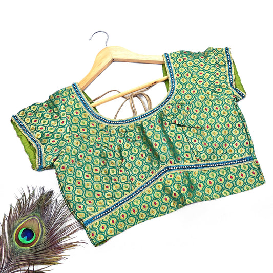 Indian Green Pure silk Woven Brocade Blouse/Top/Crop M Size Party wear Bollywood