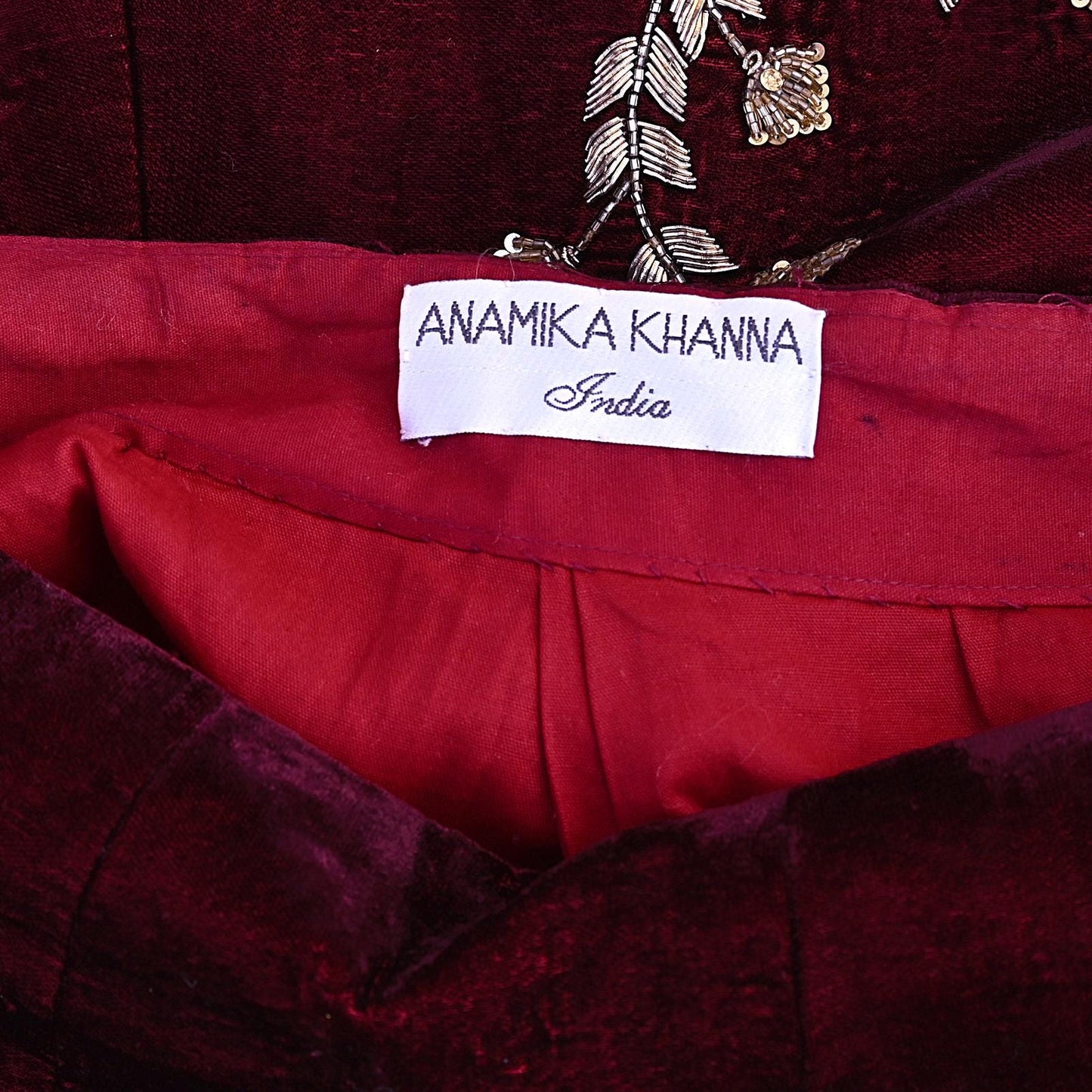 Indian Pre-owned Heavy Wedding Maroon Velvet Hand Embroidered Lehenga/Skirt Designer By Anamika Khanna Bridal Wear
