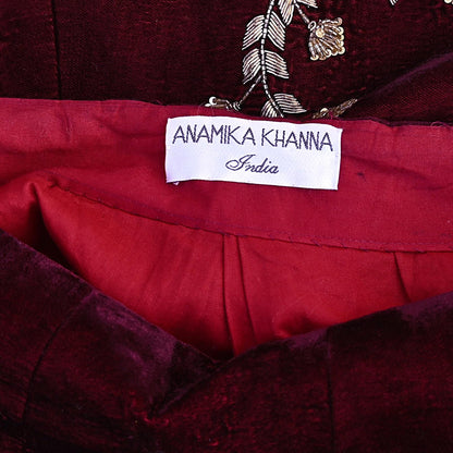 Indian Pre-owned Heavy Wedding Maroon Velvet Hand Embroidered Lehenga/Skirt Designer By Anamika Khanna Bridal Wear