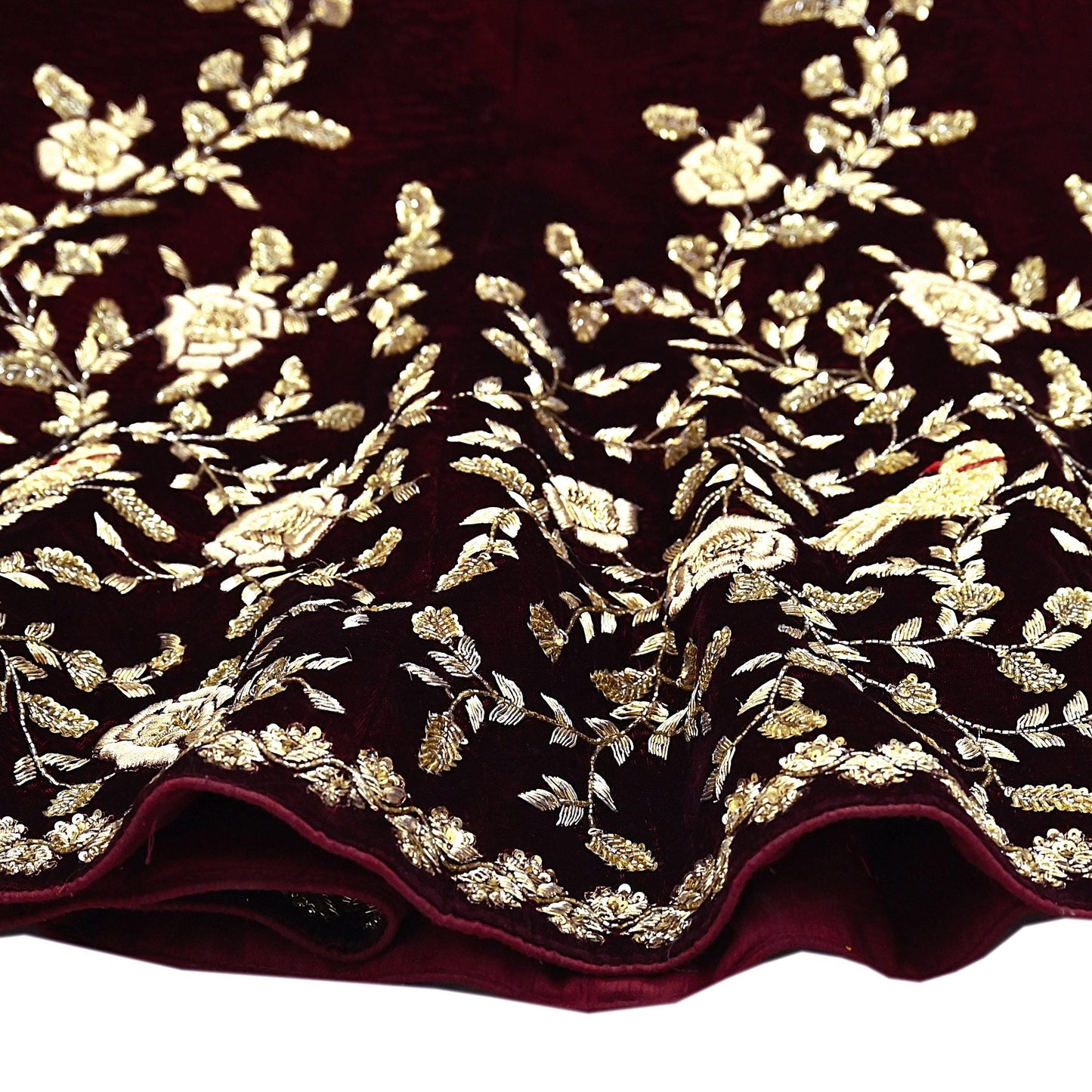 Indian Pre-owned Heavy Wedding Maroon Velvet Hand Embroidered Lehenga/Skirt Designer By Anamika Khanna Bridal Wear