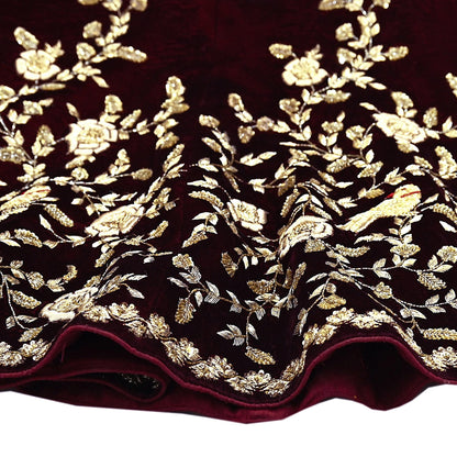 Indian Pre-owned Heavy Wedding Maroon Velvet Hand Embroidered Lehenga/Skirt Designer By Anamika Khanna Bridal Wear