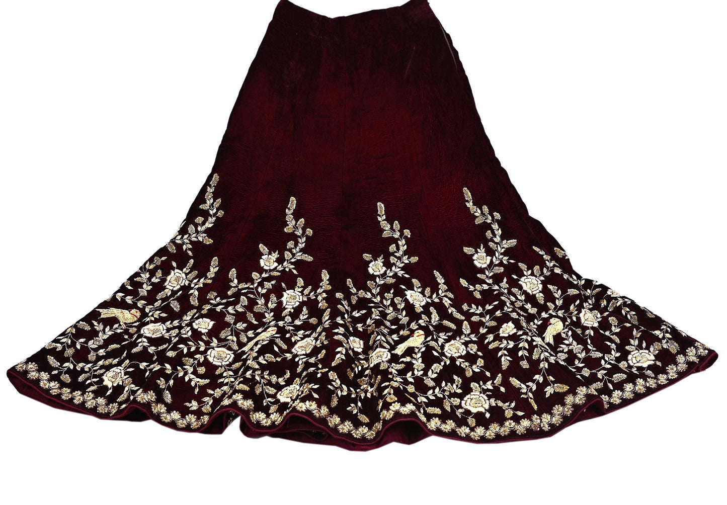 Indian Pre-owned Heavy Wedding Maroon Velvet Hand Embroidered Lehenga/Skirt Designer By Anamika Khanna Bridal Wear