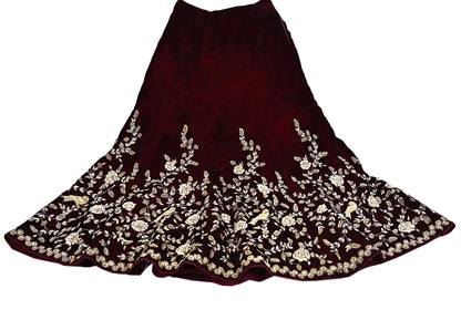 Indian Pre-owned Heavy Wedding Maroon Velvet Hand Embroidered Lehenga/Skirt Designer By Anamika Khanna Bridal Wear
