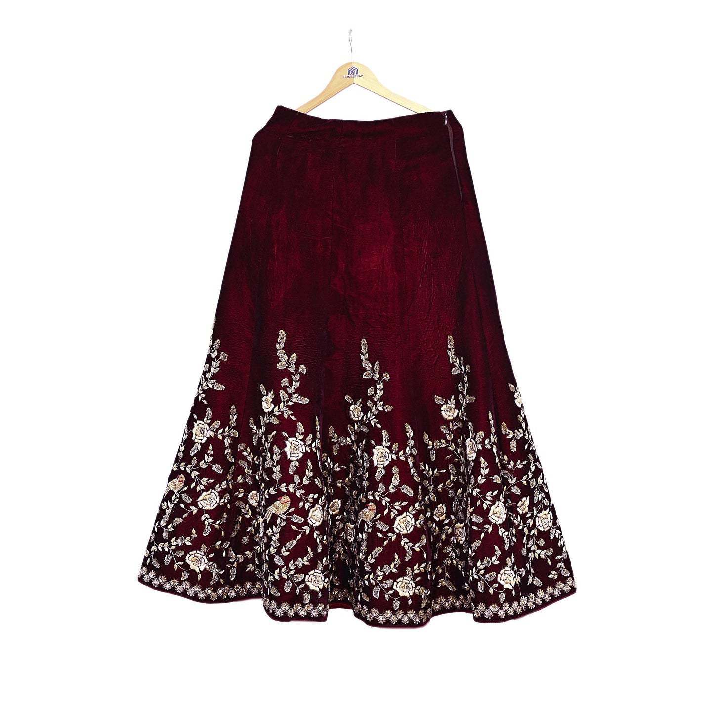 Indian Pre-owned Heavy Wedding Maroon Velvet Hand Embroidered Lehenga/Skirt Designer By Anamika Khanna Bridal Wear