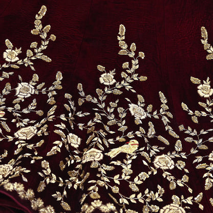 Indian Pre-owned Heavy Wedding Maroon Velvet Hand Embroidered Lehenga/Skirt Designer By Anamika Khanna Bridal Wear