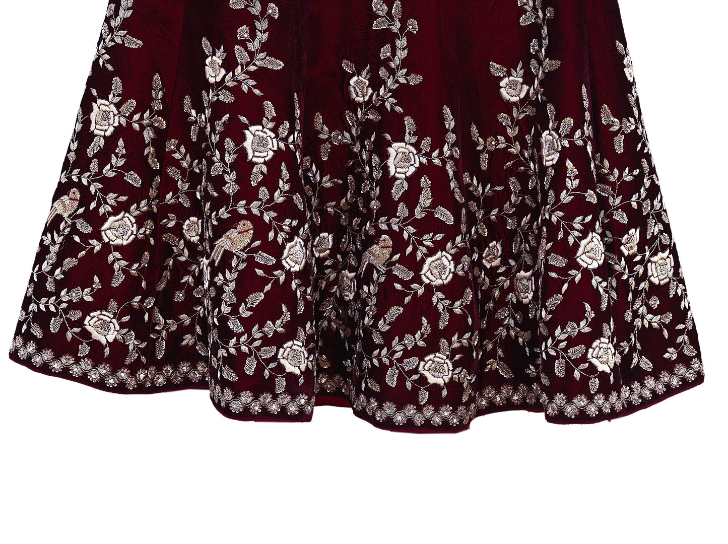 Indian Pre-owned Heavy Wedding Maroon Velvet Hand Embroidered Lehenga/Skirt Designer By Anamika Khanna Bridal Wear