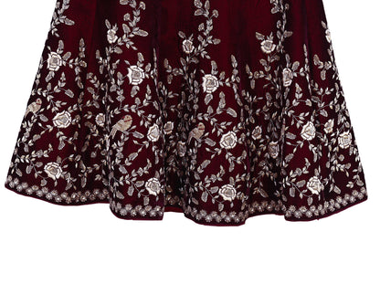 Indian Pre-owned Heavy Wedding Maroon Velvet Hand Embroidered Lehenga/Skirt Designer By Anamika Khanna Bridal Wear
